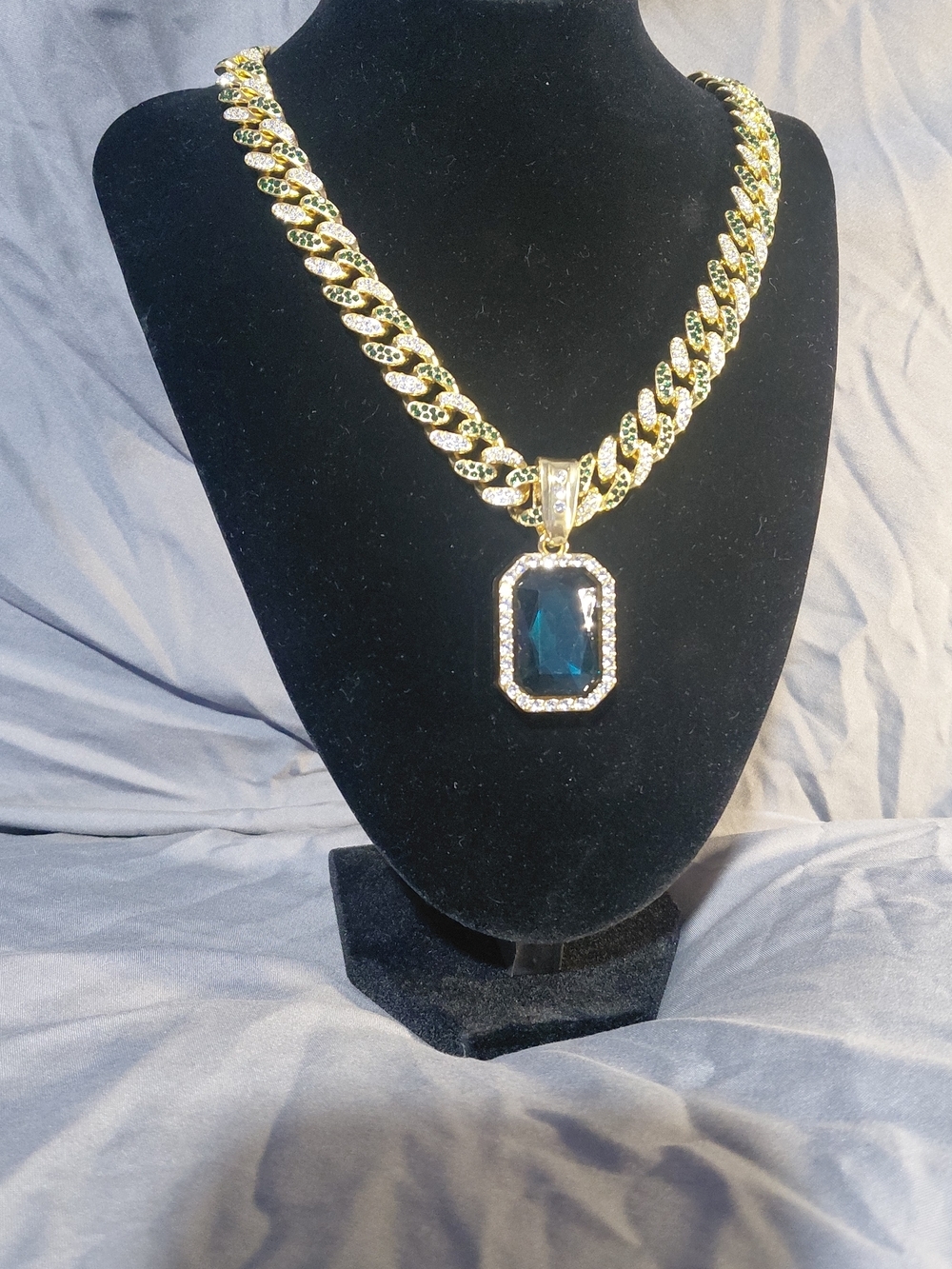 Gold Chain Necklace with Blue Stone Pendant